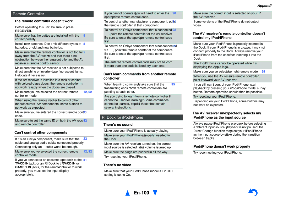 Onkyo TX-NR1010 instruction manual En-100, Remote Controller, RI Dock for iPod/iPhone 