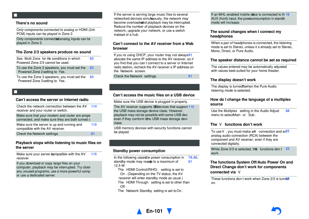 Onkyo TX-NR1010 instruction manual En-101, Zone 2/3, Music Server and Internet Radio, USB Device Playback, Others 