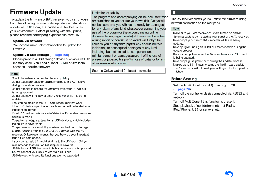 Onkyo TX-NR1010 instruction manual Firmware Update, En-103, Updating the Firmware via Network, Before Starting 