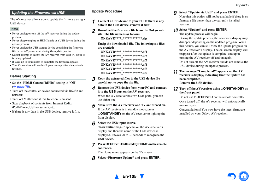 Onkyo TX-NR1010 instruction manual En-105, Updating the Firmware via USB 