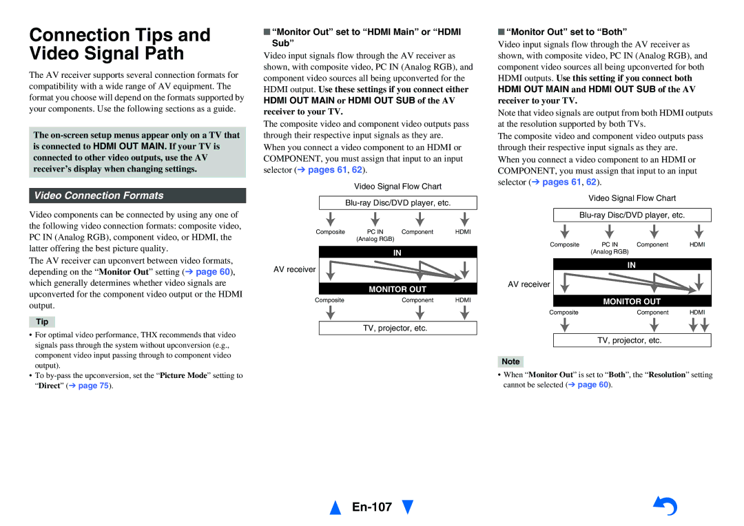 Onkyo TX-NR1010 instruction manual Connection Tips and Video Signal Path, En-107, Video Connection Formats 