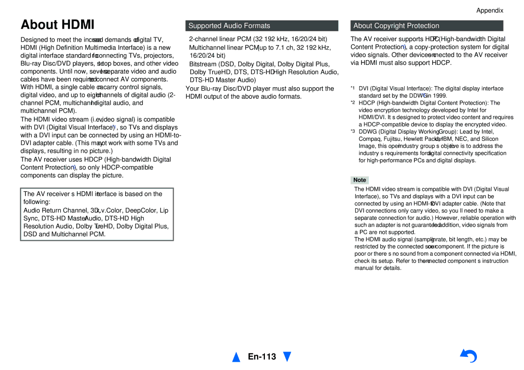 Onkyo TX-NR1010 instruction manual About Hdmi, En-113, Supported Audio Formats, About Copyright Protection 