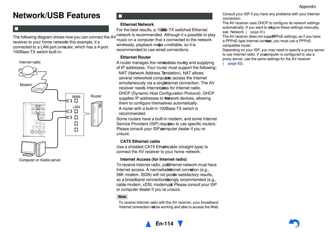 Onkyo TX-NR1010 instruction manual Network/USB Features, En-114, Connecting to the Network, Network Requirements 