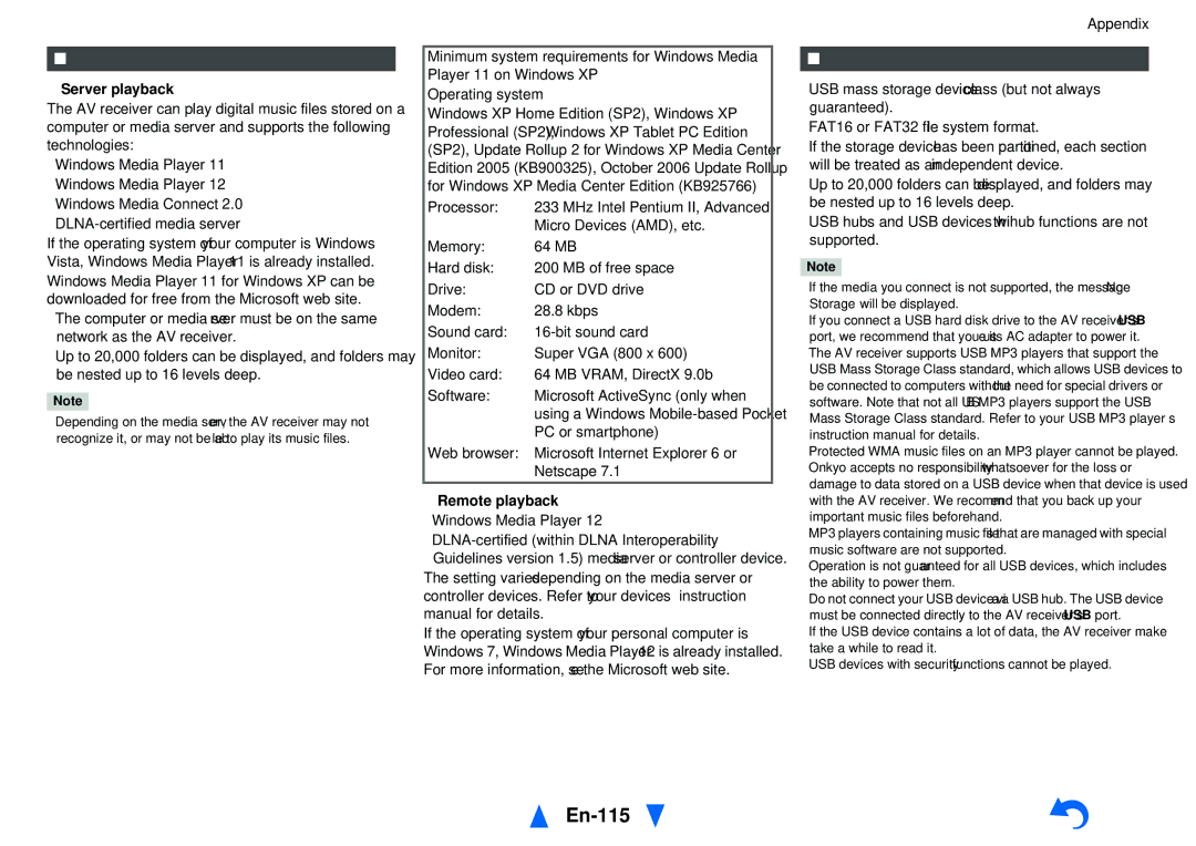 Onkyo TX-NR1010 instruction manual En-115, Server Requirements, USB Device Requirements, Server playback, Remote playback 