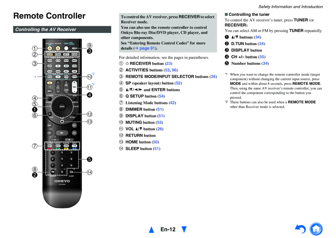 Onkyo TX-NR1010 instruction manual Remote Controller, En-12, Controlling the AV Receiver 