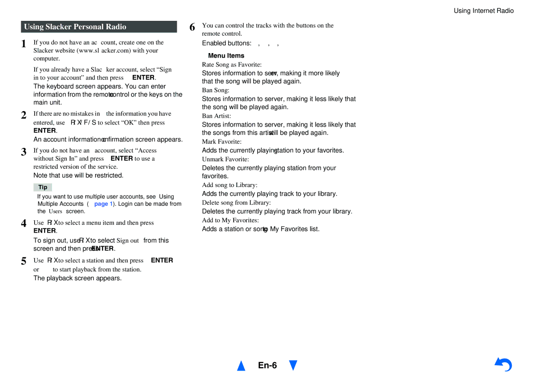 Onkyo TX-NR1010 instruction manual Using Slacker Personal Radio 