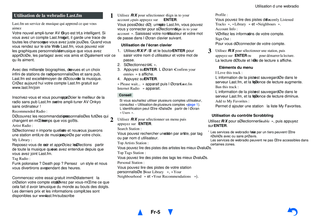 Onkyo TX-NR1010 instruction manual Fr-5, Utilisation de la webradio Last.fm, Pour vous déconnecter de votre compte 