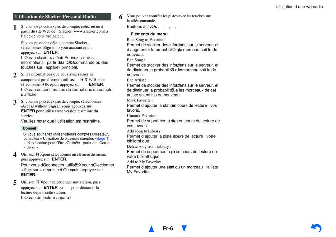 Onkyo TX-NR1010 instruction manual Fr-6, Utilisation de Slacker Personal Radio, La télécommande 