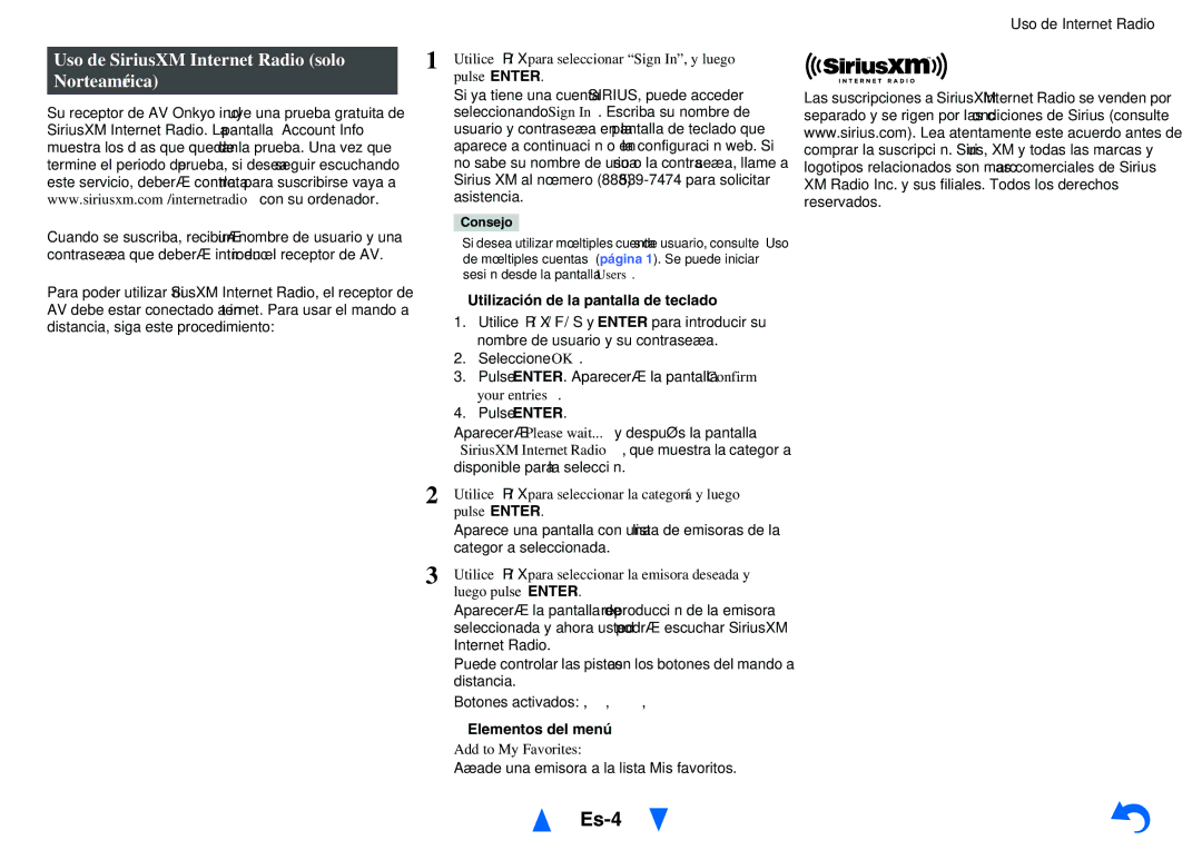 Onkyo TX-NR1010 Es-4, Uso de SiriusXM Internet Radio solo Norteamérica, Añade una emisora a la lista Mis favoritos 