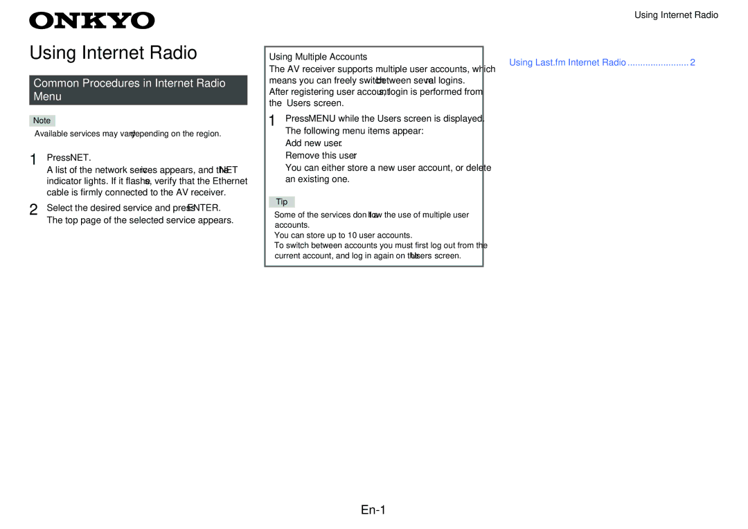 Onkyo TX-NR1010 instruction manual Using Internet Radio 