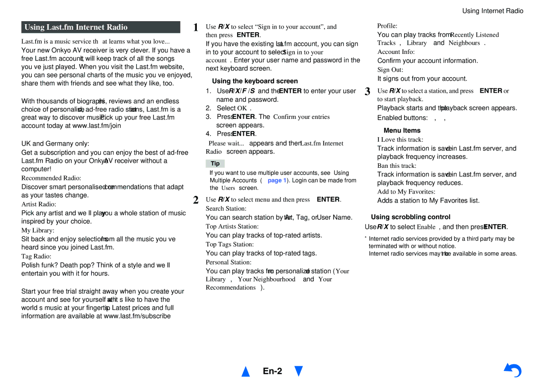 Onkyo TX-NR1010 instruction manual Using Last.fm Internet Radio, Recommendations 