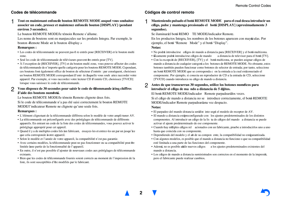 Onkyo TX-NR1010 instruction manual Codes de télécommande, Códigos de control remoto, Remarques, Notas 