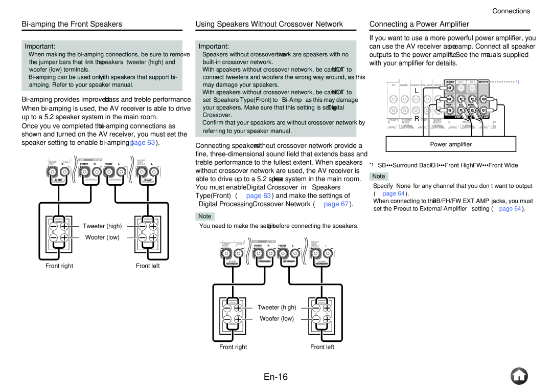 Onkyo TX-NR1010 En-16, Connecting a Power Amplifier, You need to make the setting before connecting the speakers 