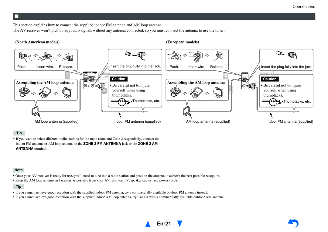 Onkyo TX-NR1010 instruction manual En-21, Connecting the Antennas, Assembling the AM loop antenna 