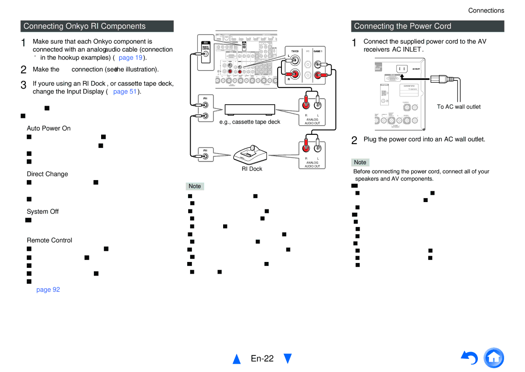 Onkyo TX-NR1010 instruction manual En-22, Connecting Onkyo RI Components, Connecting the Power Cord 