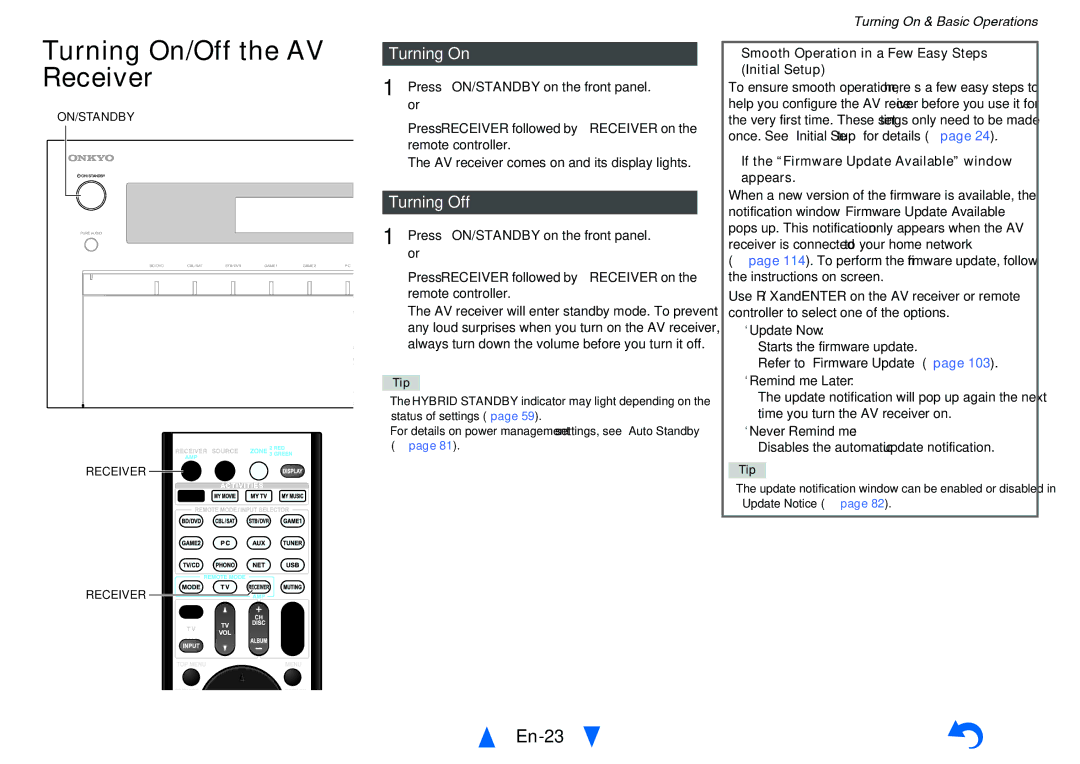 Onkyo TX-NR1010 instruction manual Turning On/Off the AV, Receiver, En-23, Turning Off 