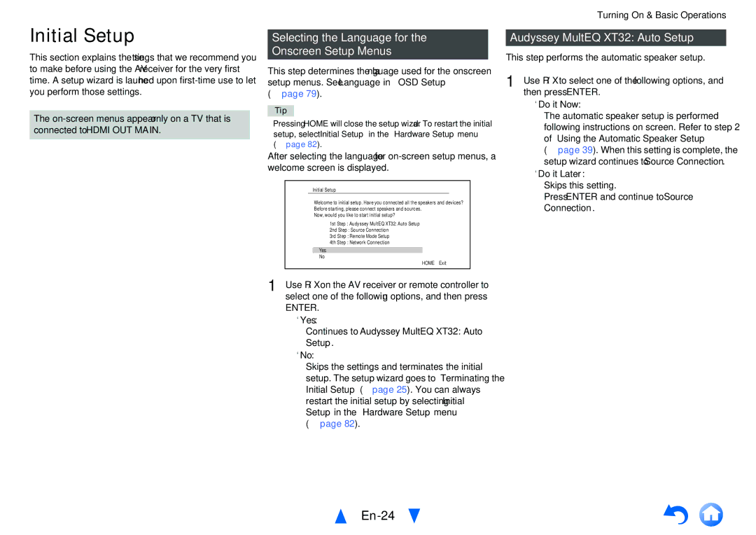 Onkyo TX-NR1010 Initial Setup, En-24, Selecting the Language for the Onscreen Setup Menus, Audyssey MultEQ XT32 Auto Setup 