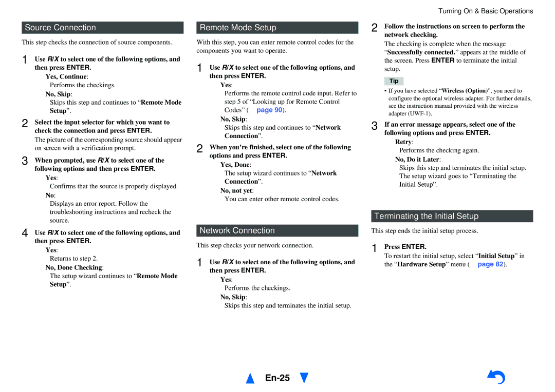 Onkyo TX-NR1010 En-25, Source Connection, Remote Mode Setup, Network Connection, Terminating the Initial Setup 