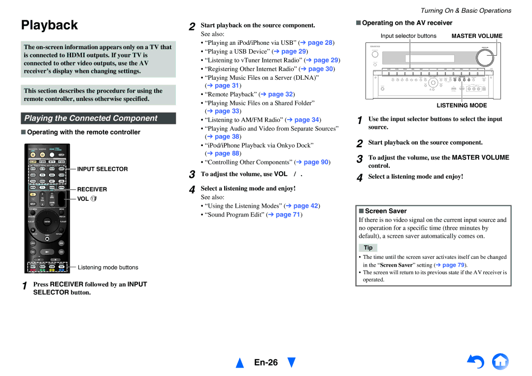 Onkyo TX-NR1010 instruction manual Playback, En-26, Playing the Connected Component 