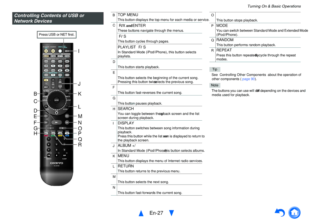 Onkyo TX-NR1010 instruction manual En-27, Controlling Contents of USB or Network Devices 