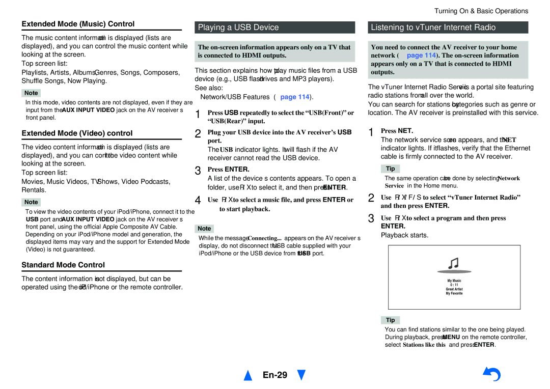 Onkyo TX-NR1010 instruction manual En-29, Playing a USB Device, Listening to vTuner Internet Radio 