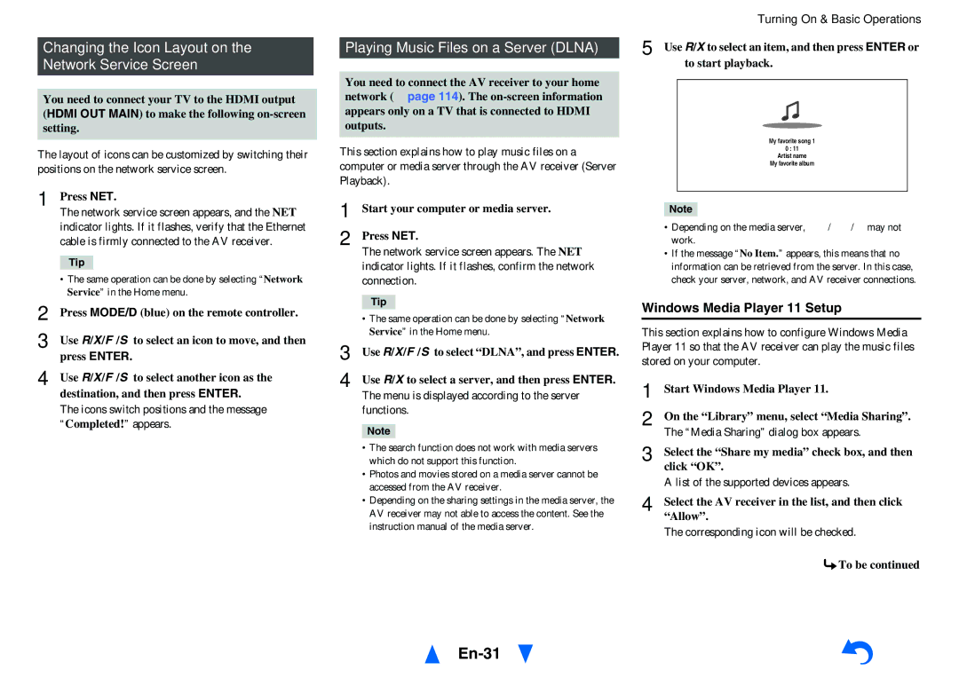 Onkyo TX-NR1010 En-31, Changing the Icon Layout on the Network Service Screen, Playing Music Files on a Server Dlna 