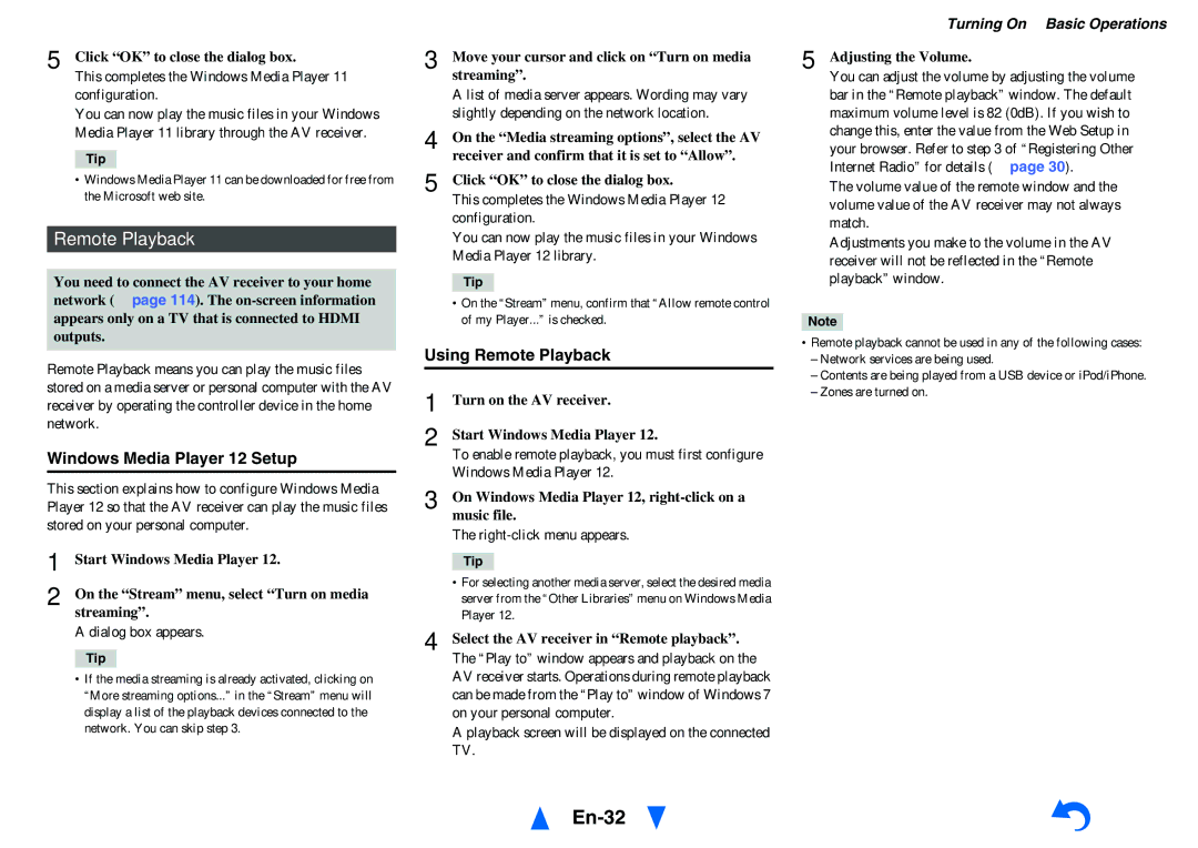 Onkyo TX-NR1010 instruction manual En-32, Windows Media Player 12 Setup, Using Remote Playback 