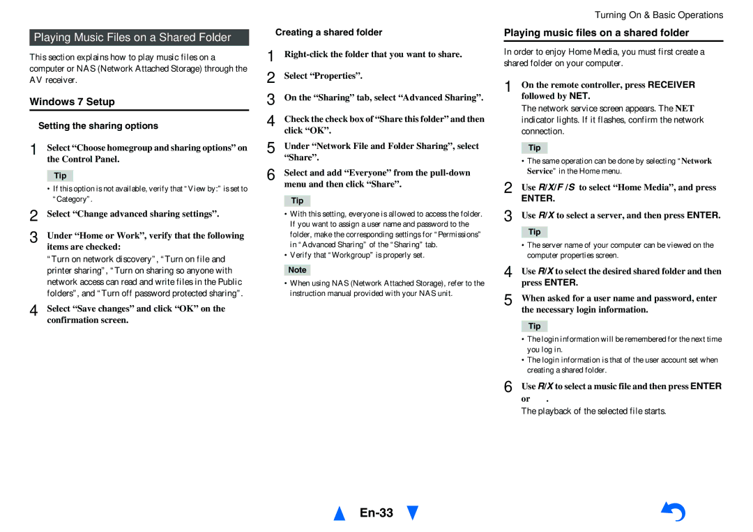 Onkyo TX-NR1010 En-33, Playing Music Files on a Shared Folder, Windows 7 Setup, Playing music files on a shared folder 
