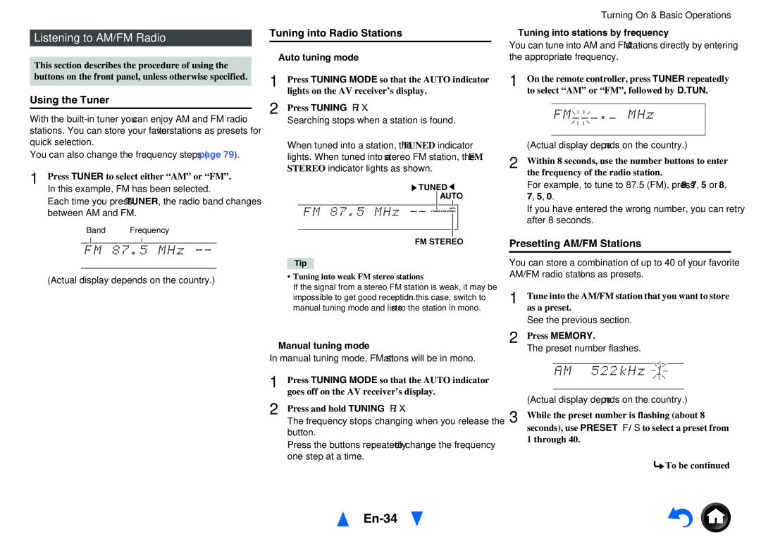 Onkyo TX-NR1010 En-34, Listening to AM/FM Radio, Using the Tuner, Tuning into Radio Stations, Presetting AM/FM Stations 