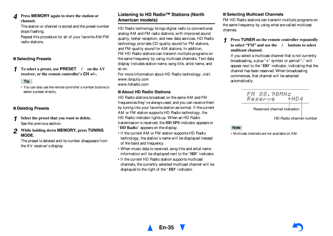 Onkyo TX-NR1010 instruction manual En-35, Listening to HD Radio Stations North American models, Mode 