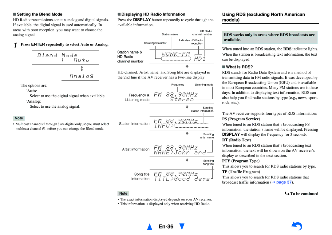 Onkyo TX-NR1010 En-36, Using RDS excluding North American models, Setting the Blend Mode, Displaying HD Radio Information 