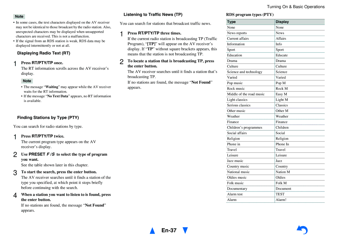 Onkyo TX-NR1010 En-37, Displaying Radio Text RT, Finding Stations by Type PTY, Listening to Traffic News TP 