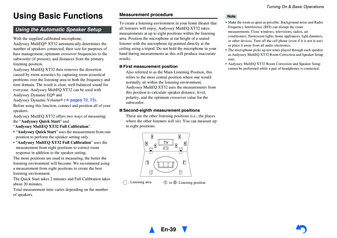 Onkyo TX-NR1010 instruction manual Using Basic Functions, En-39, Using the Automatic Speaker Setup, Measurement procedure 