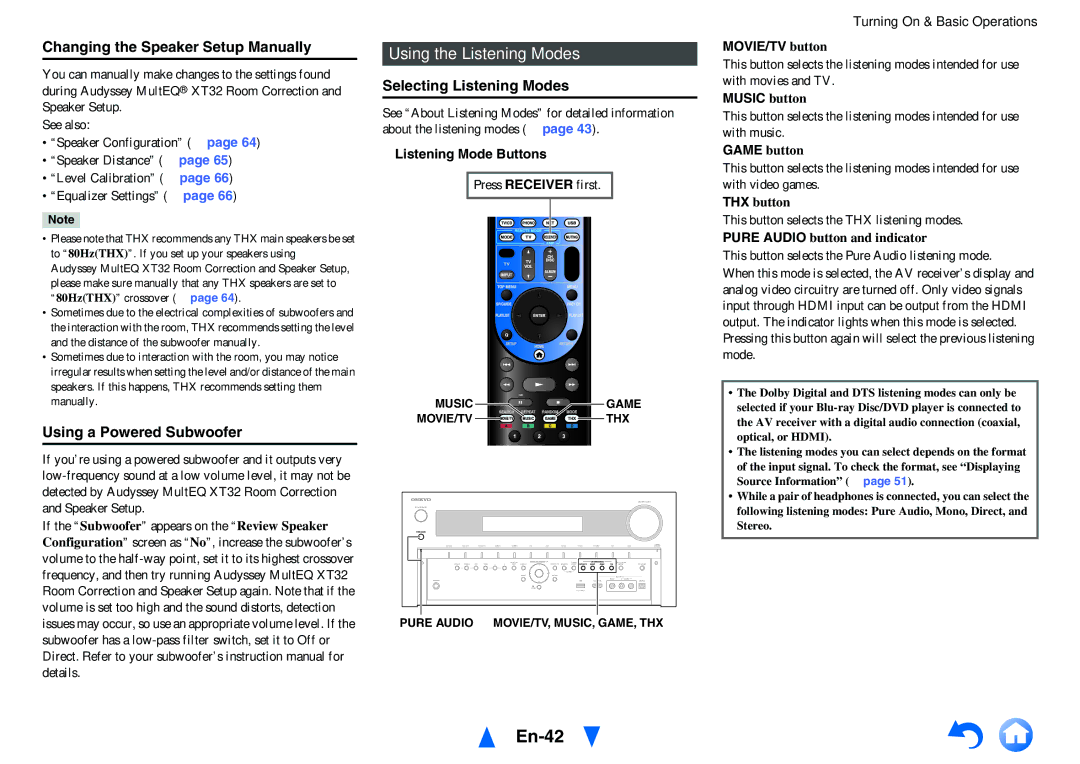 Onkyo TX-NR1010 En-42, Using the Listening Modes, Changing the Speaker Setup Manually, Using a Powered Subwoofer 