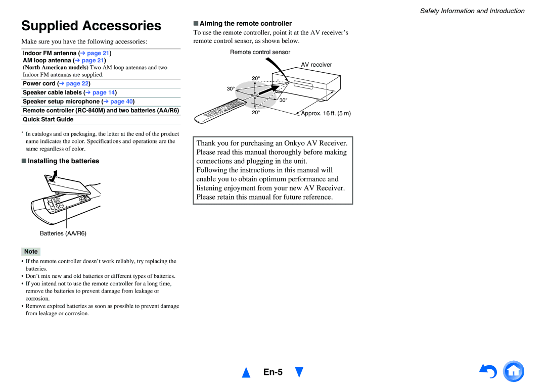 Onkyo TX-NR1010 Supplied Accessories, En-5, Make sure you have the following accessories, Installing the batteries 