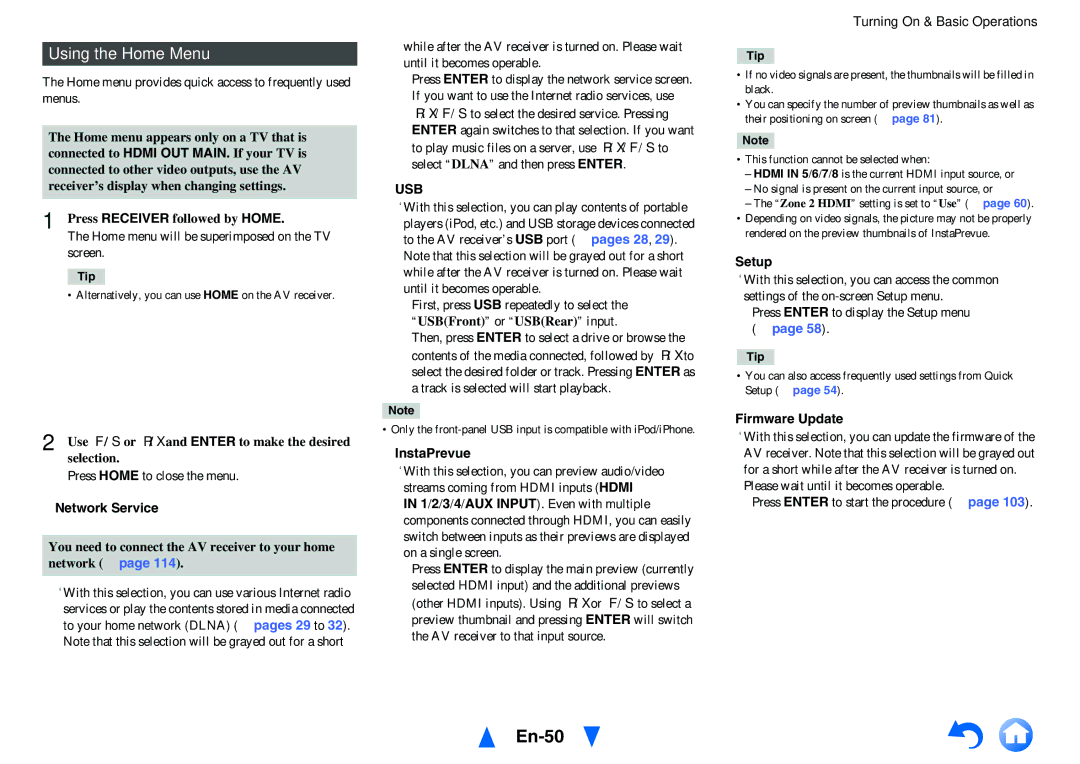 Onkyo TX-NR1010 instruction manual En-50, Using the Home Menu, Usb 