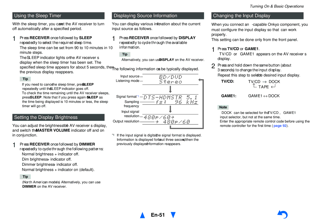Onkyo TX-NR1010 En-51, Using the Sleep Timer, Setting the Display Brightness, Displaying Source Information 