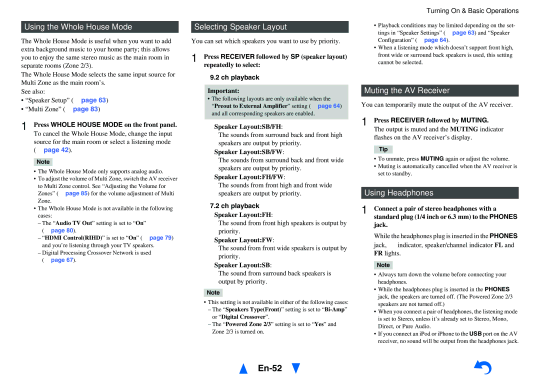 Onkyo TX-NR1010 En-52, Using the Whole House Mode, Selecting Speaker Layout, Muting the AV Receiver, Using Headphones 