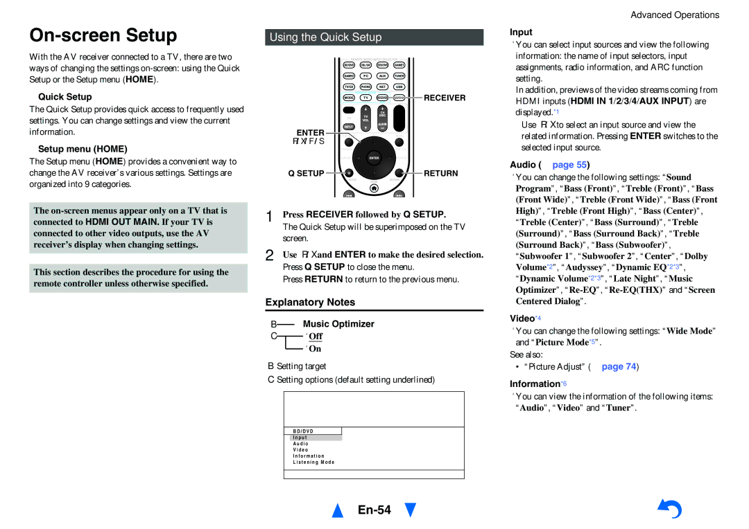 Onkyo TX-NR1010 instruction manual On-screen Setup, En-54, Using the Quick Setup, Explanatory Notes 