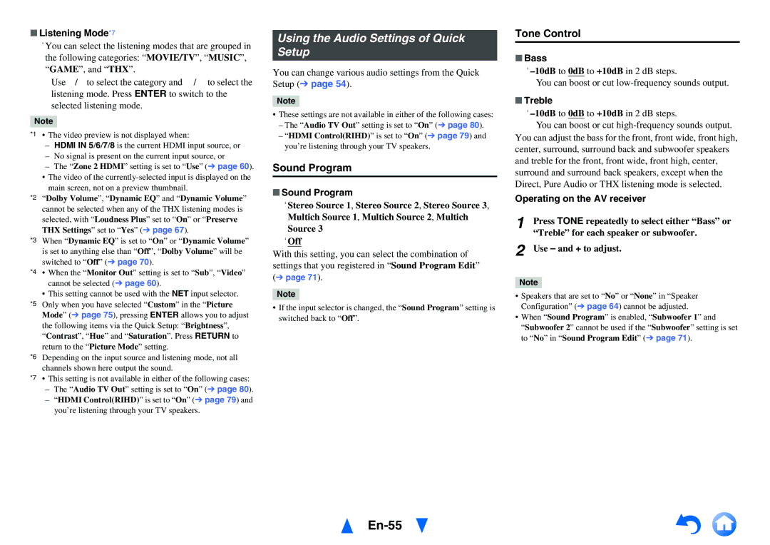 Onkyo TX-NR1010 instruction manual En-55, Using the Audio Settings of Quick Setup, Sound Program, Tone Control 