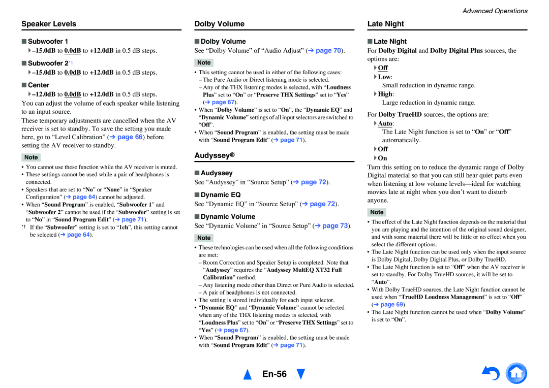 Onkyo TX-NR1010 instruction manual En-56, Speaker Levels, Dolby Volume, Audyssey, Late Night 