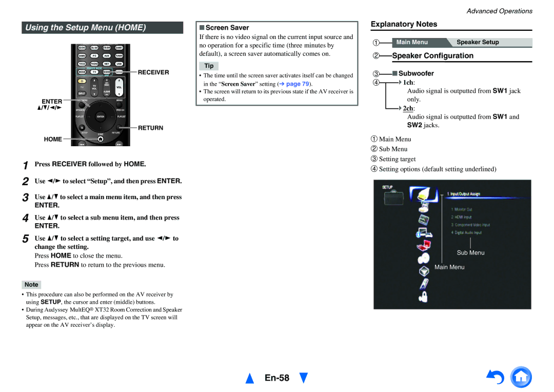 Onkyo TX-NR1010 instruction manual En-58, `1ch, Audio signal is outputted from SW1 jack only, ` 2ch 