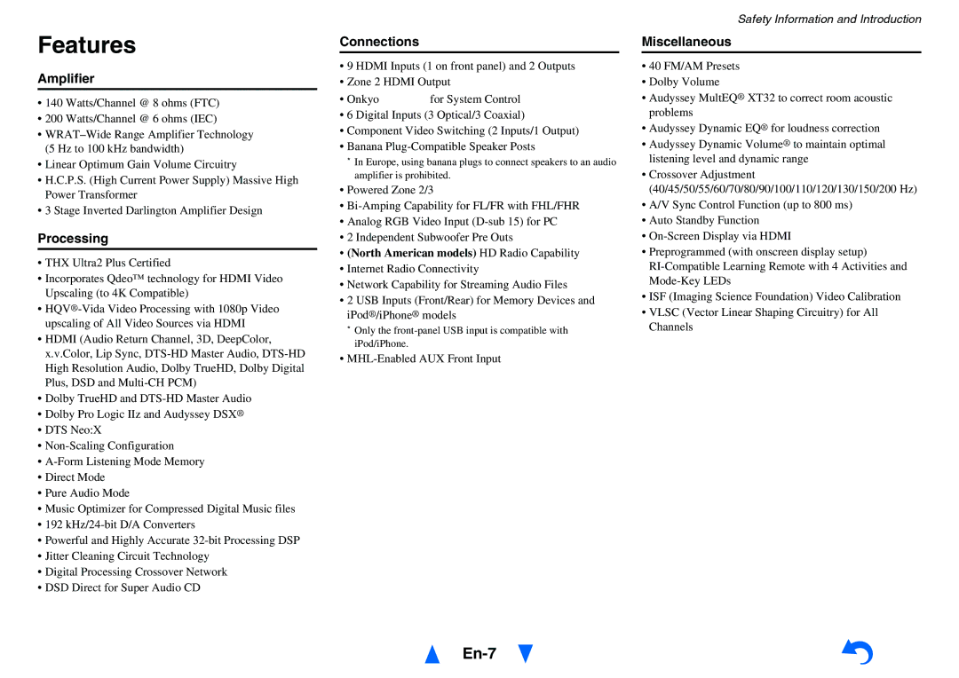 Onkyo TX-NR1010 instruction manual Features, En-7 