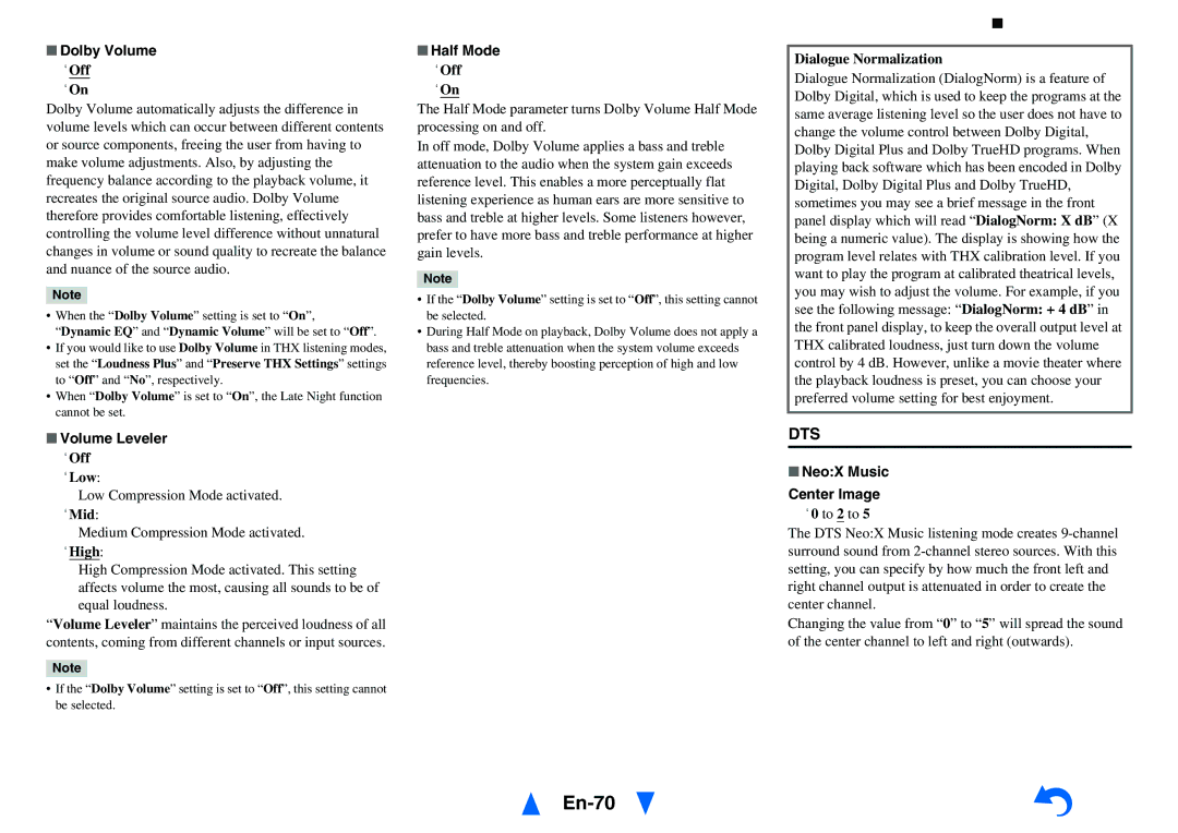 Onkyo TX-NR1010 instruction manual En-70, Volume Leveler, Half Mode, Dialogue Normalization, NeoX Music Center Image 