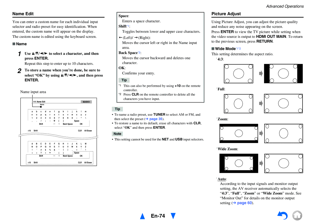 Onkyo TX-NR1010 instruction manual En-74, Name Edit, Picture Adjust, Wide Mode*1*2 