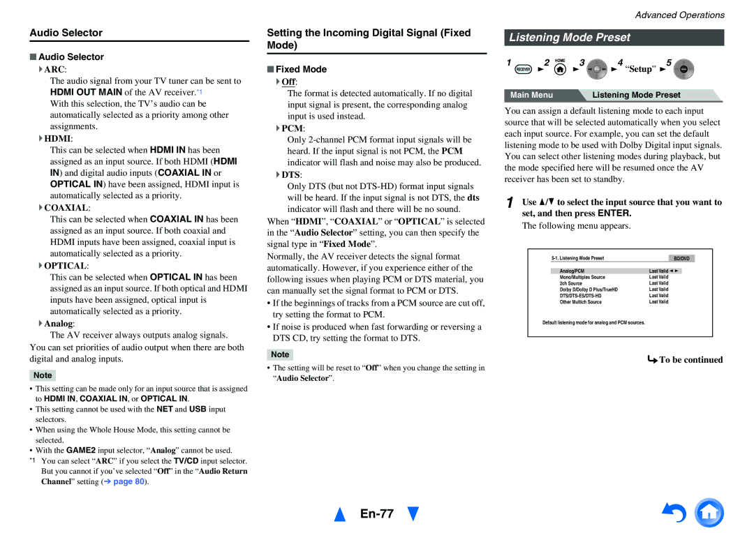 Onkyo TX-NR1010 En-77, Listening Mode Preset, Audio Selector, Setting the Incoming Digital Signal Fixed Mode 