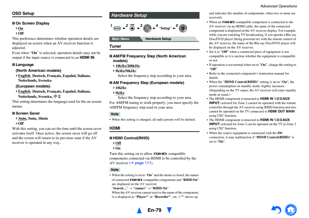 Onkyo TX-NR1010 instruction manual En-79, Hardware Setup, OSD Setup, Tuner 