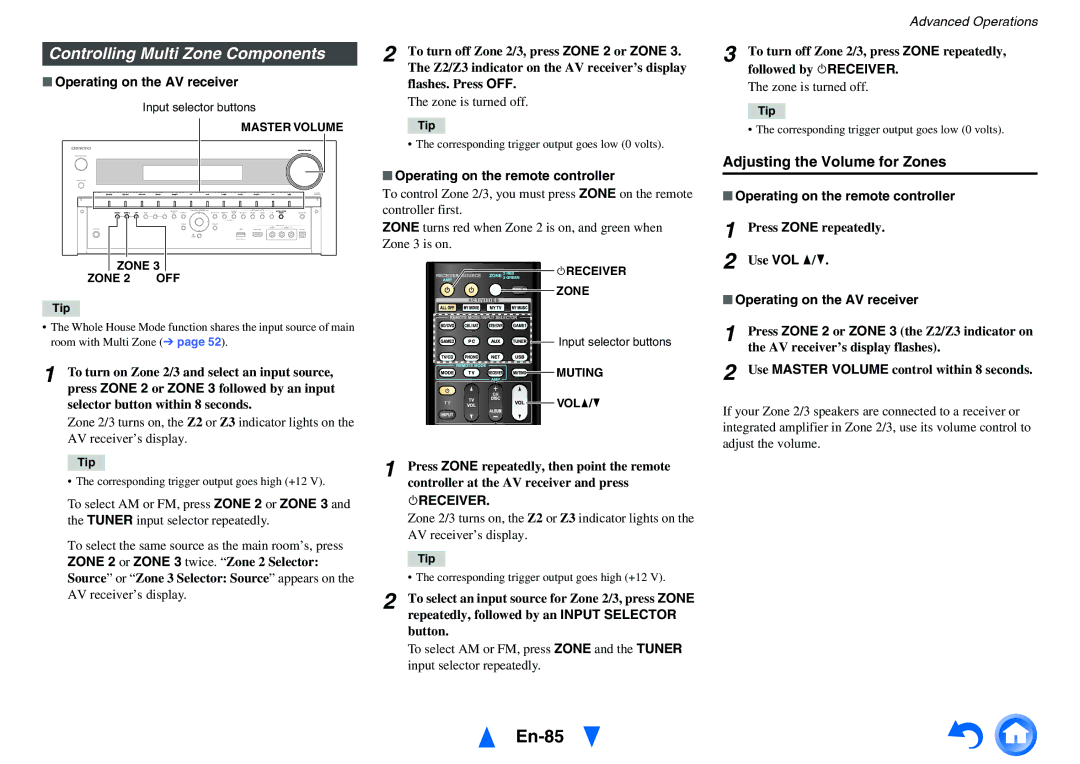 Onkyo TX-NR1010 instruction manual En-85, Controlling Multi Zone Components, Adjusting the Volume for Zones 