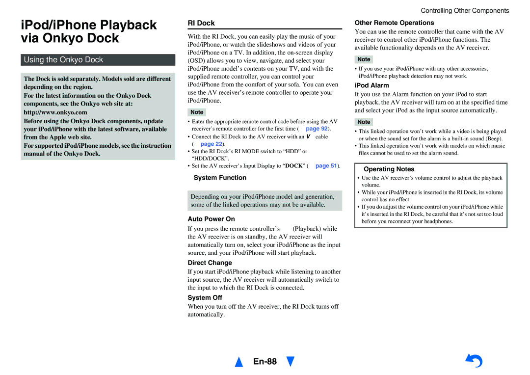 Onkyo TX-NR1010 instruction manual IPod/iPhone Playback via Onkyo Dock, En-88, Using the Onkyo Dock, RI Dock 