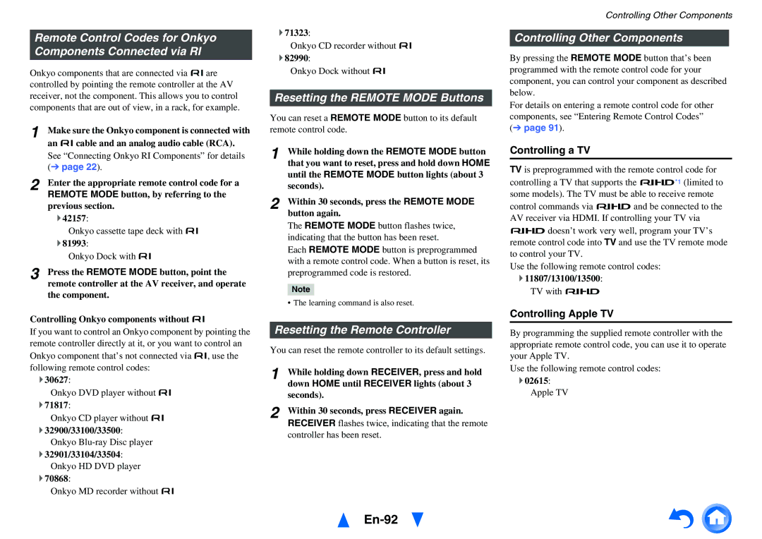 Onkyo TX-NR1010 En-92, Remote Control Codes for Onkyo Components Connected via RI, Resetting the Remote Mode Buttons 